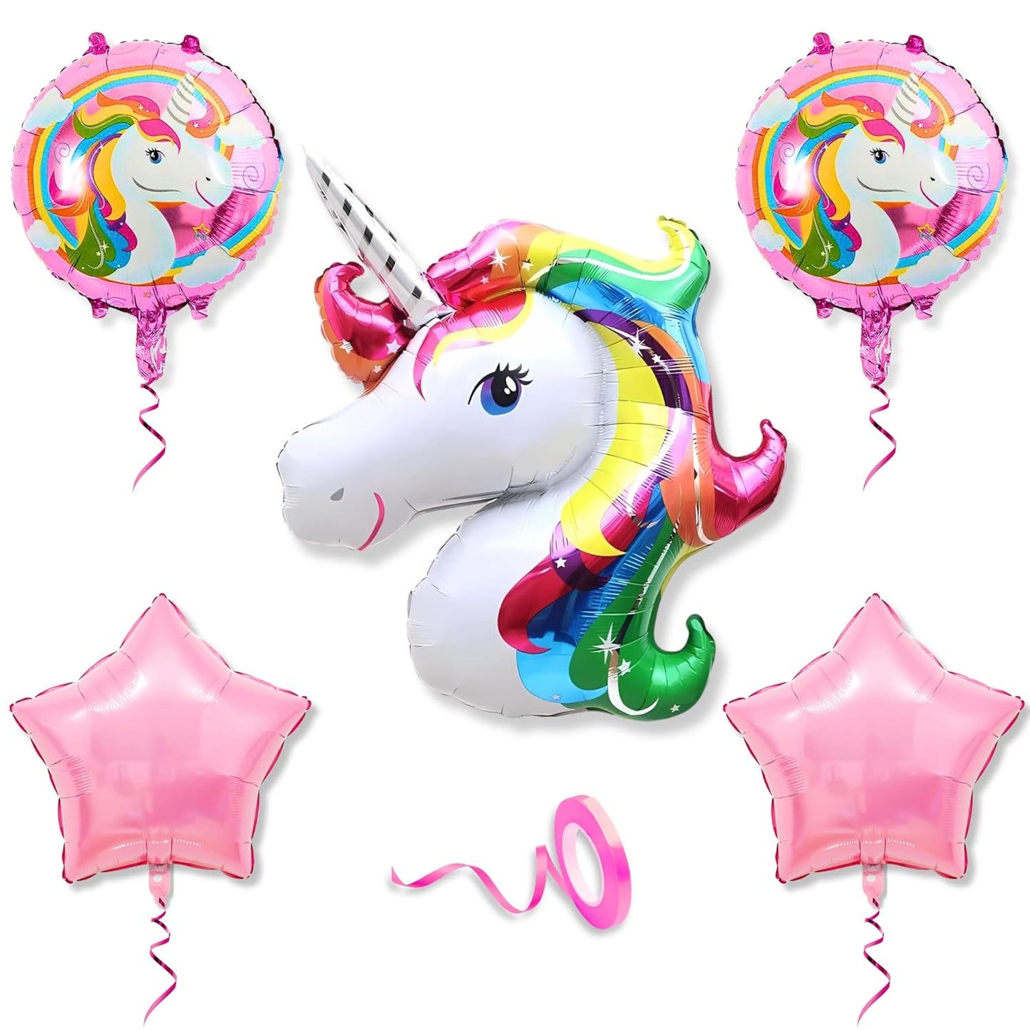 🦄Unicorn Foil Balloons – 5 Pc Set with Pink Pastel Star Balloons