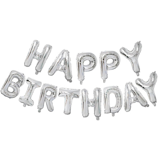 Silver Happy Birthday Foil Balloon Banner Set | 13 Letters Reusable Happy Birthday Metallic Foil Balloons Decoration Kit, 13 Pcs