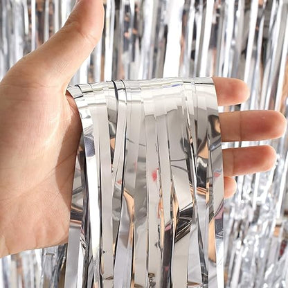 Foil Curtain for Party Decoration – Shiny Silver Fringe Backdrop (Pack of 2)