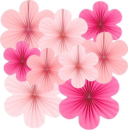 Pink Paper Fan Set of 9 | Hanging Decor for Parties & Events