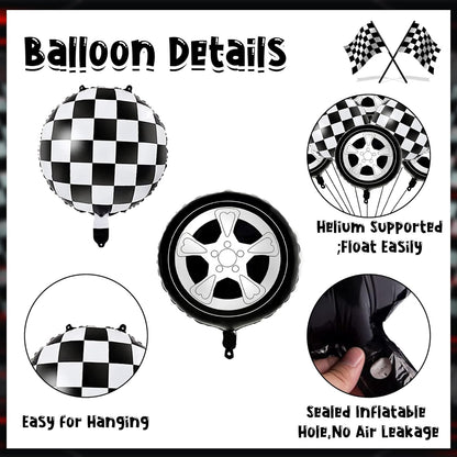 🏁 Race Car Foil Balloons Set – 5 Pcs | Tyre Wheel & Checkered Flag Foil Balloons | Racing Theme Birthday Decoration