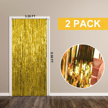 Foil Curtain for Party Decoration – Shiny gold Fringe Backdrop Pack of 2