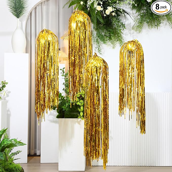Gold Tinsel Hanging Decoration Set – 8 Pack Metallic Foil Jellyfish Décor