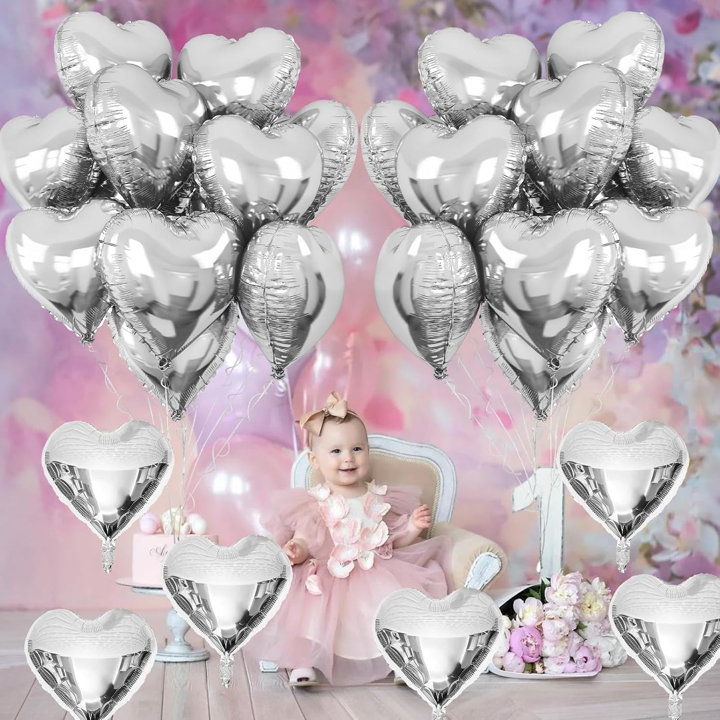 Silver Heart Balloons – 5pcs Silver Foil Heart Balloons for Decoration
