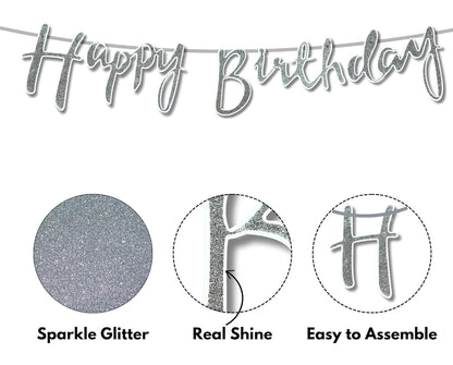 Happy Birthday Silver Glitter Cursive Banner – Elegant Party Decoration