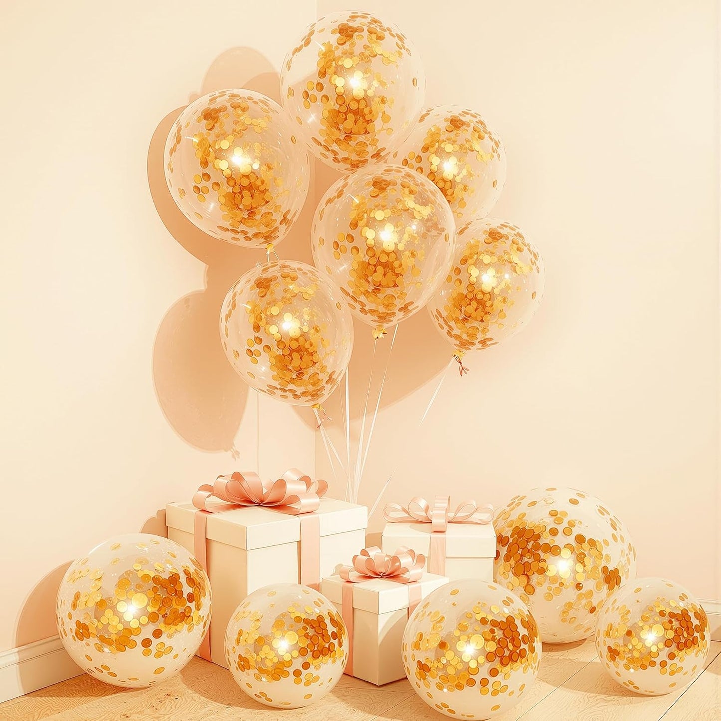 Gold Confetti Latex Balloons, 12 inch Gold Balloons with Golden Paper Dots (5 pcs)