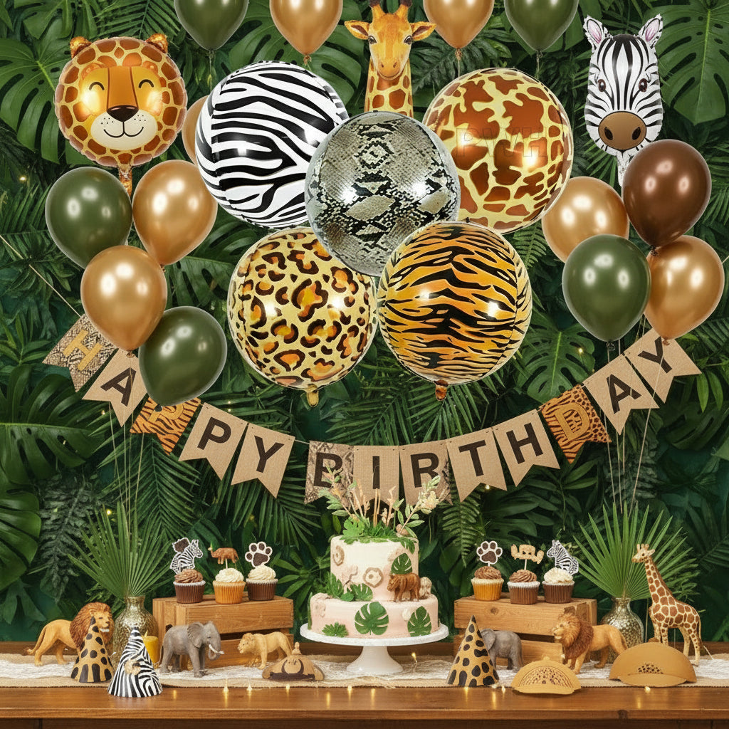 Five animal print balloons including zebra, leopard, and tiger patterns on a white background.
