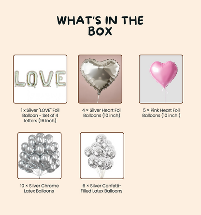 Love Glow Balloon Set – Silver & Pink Heart Balloon Collection with LOVE Foil