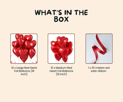 "Heart Drop Mood Kit" – 20 Red Heart Foil Balloons | Romantic Surprise Kit for Your Loved One