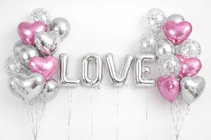 Love Glow Balloon Set – Silver & Pink Heart Balloon Collection with LOVE Foil