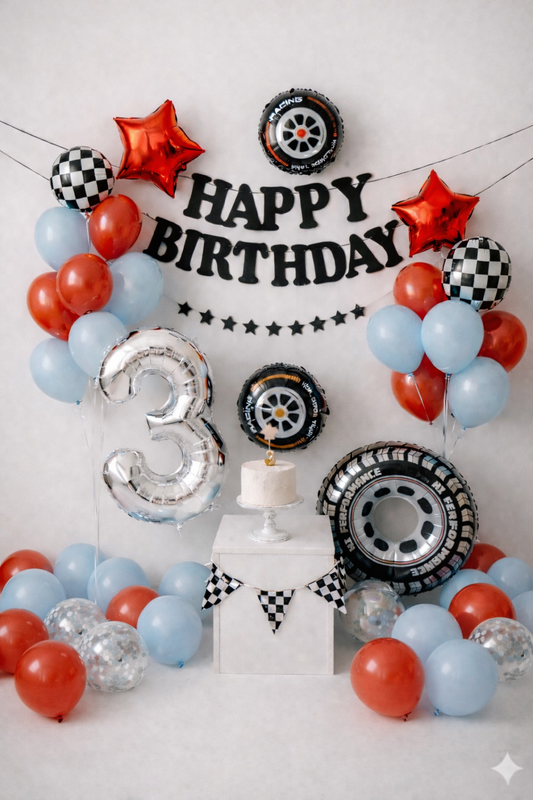 Little Racer Turns Three Birthday Decor Kit – Race Car Theme Party Set