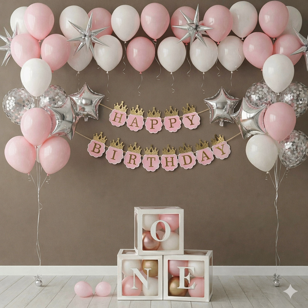 Blush Crown Princess Birthday DIY Decor Kit – Elegant Pink & Silver Royal Theme