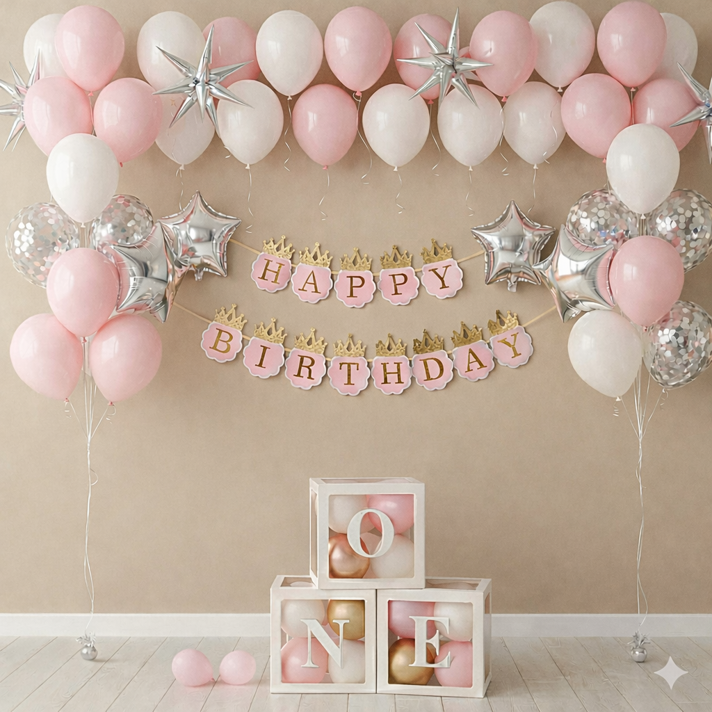 Blush Crown Princess Birthday DIY Decor Kit – Elegant Pink & Silver Royal Theme