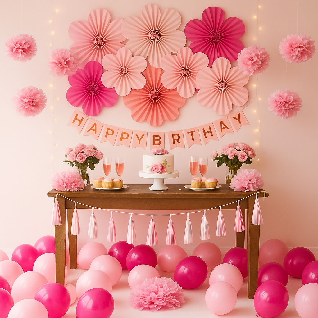 Perfectly Pink Monochrome Decor Kit - Fans, Balloons & Pom Poms (60+ Pcs)