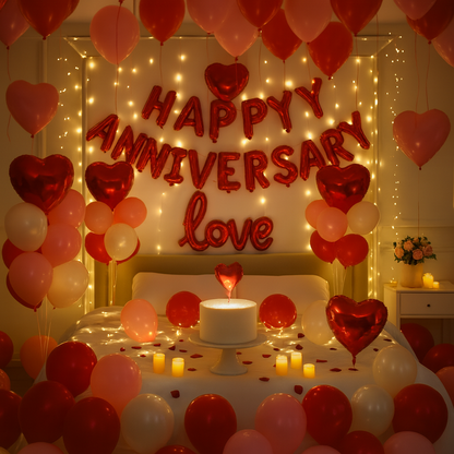 Ultimate Romantic Anniversary Canopy Decor Kit - Red & White Bedroom Surprise (115 Pcs)