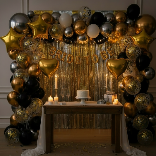 "Night of Glam" Bride-to-Be Mega Kit - Black, Gold & Silver with 4 Curtains (120+ Pcs)