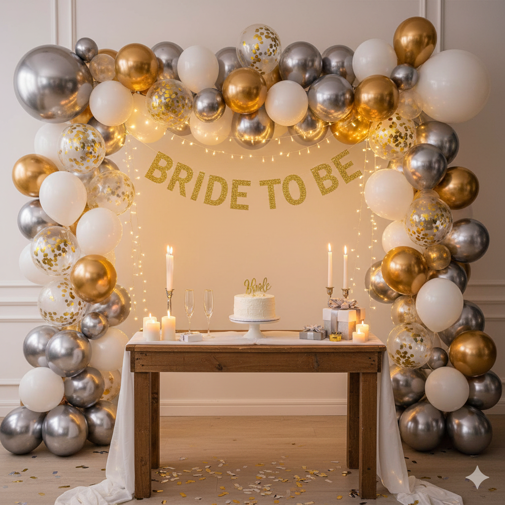 Metallic Glamour Bride-to-Be Decor Kit - Gold, Silver & Pearl White (81 Pcs)