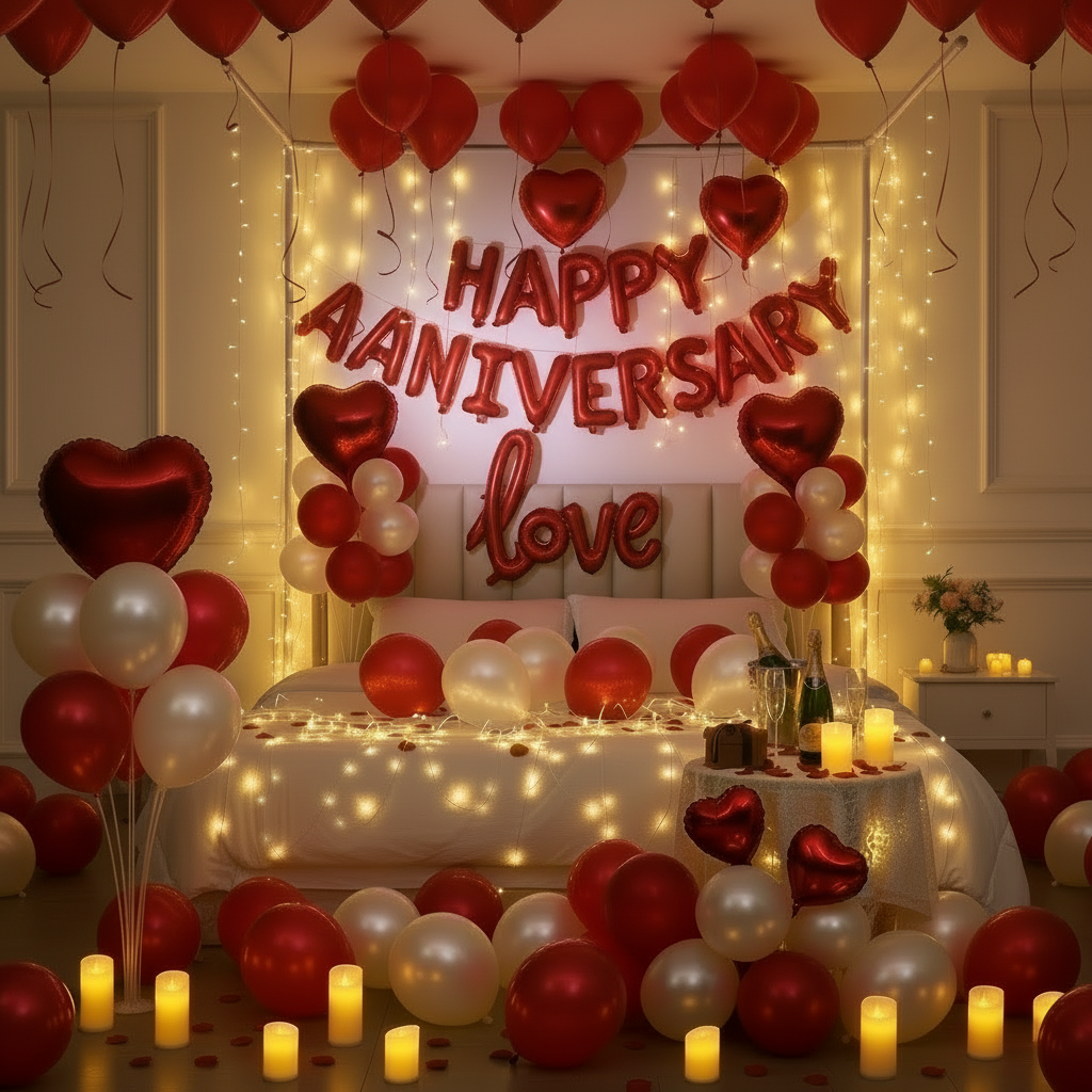 Ultimate Romantic Anniversary Canopy Decor Kit - Red & White Bedroom Surprise (115 Pcs)