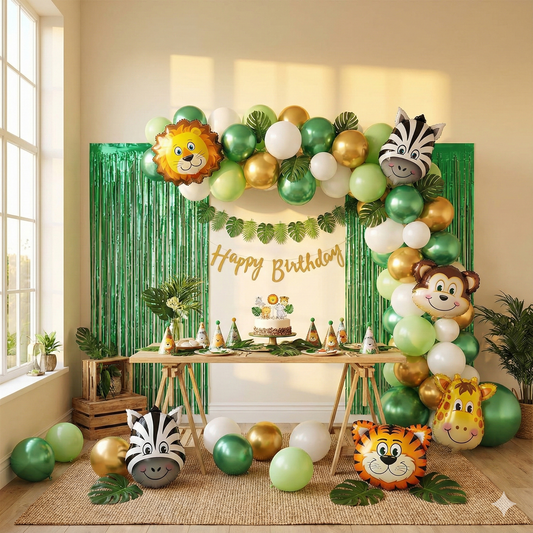 🦁 Green Jungle Animal Birthday Decoration Kit – Safari Theme Party Decor | Balloons, Foils, Banner & Backdrop