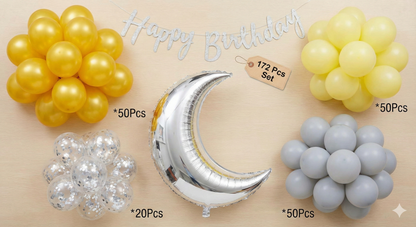 Sunshine & Moonlight Premium Birthday Decor Kit - Yellow, Grey & Silver Theme