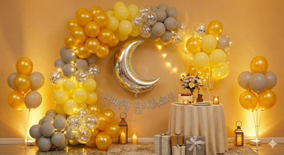 Sunshine & Moonlight Premium Birthday Decor Kit - Yellow, Grey & Silver Theme