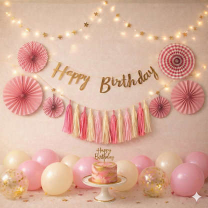 Rose Gold Dream Birthday Decoration Combo with Paper Fans & Tassels – Stunning Pink & Gold Party Set