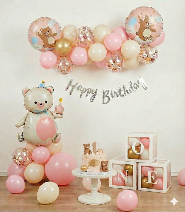 One Little Bear Birthday Decoration Kit – 1st Birthday Teddy Bear Theme with "ONE" Box