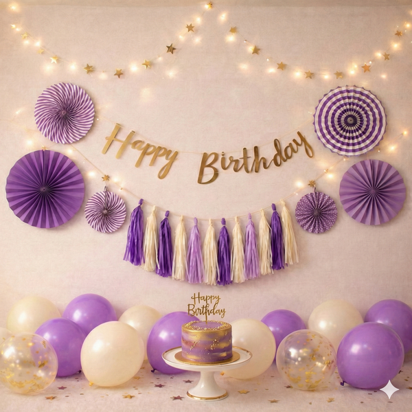 Lavender Purple Birthday Decoration Combo with Paper Fans & Tassels – Elegant Purple & Gold Party Set