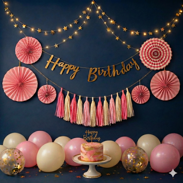 Rose Gold Dream Birthday Decoration Combo with Paper Fans & Tassels – Stunning Pink & Gold Party Set