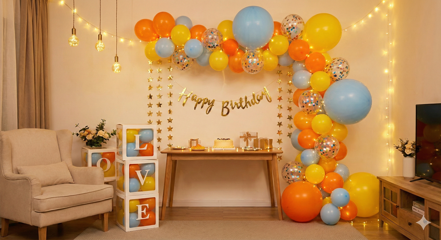 Sunny Skies & Citrus Splash Birthday Decor Kit - Orange, Yellow & Blue Theme (148 Pcs)