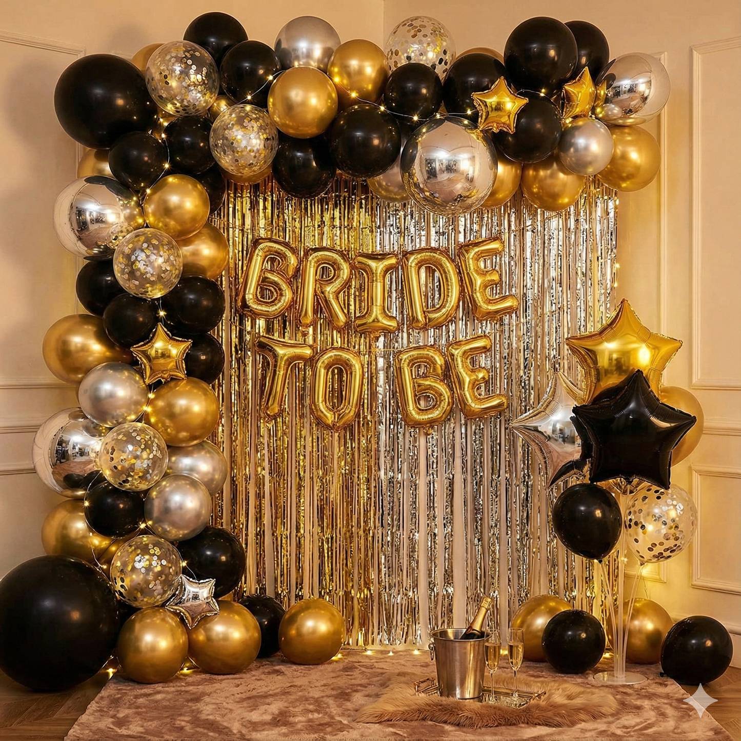 "Night of Glam" Bride-to-Be Mega Kit - Black, Gold & Silver with 4 Curtains (120+ Pcs)