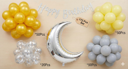 Sunshine & Moonlight Premium Birthday Decor Kit - Yellow, Grey & Silver Theme (174 Pcs)