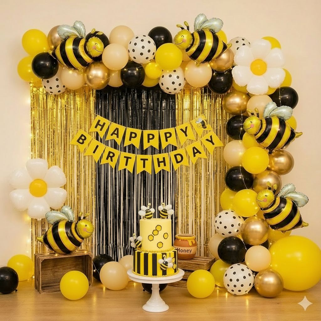 🐝 Honey Bee Theme Party Decoration Mega Bundle – Balloons, Banner, Curtain & Garland | Complete Decor Set
