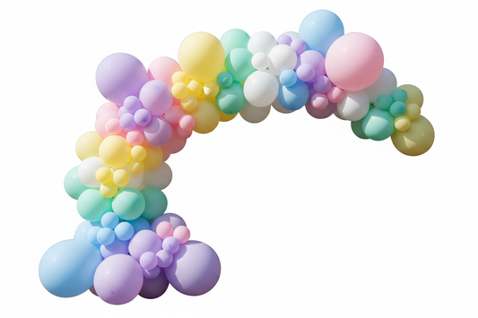 Balloon Arch (200 Balloons):
33 Pastel Purple Balloons
33 Pastel Pink Balloons
33 Pastel Yellow Balloons
33 Pastel Green Balloons
33 Pastel Blue Balloons
35 White Latex Balloons