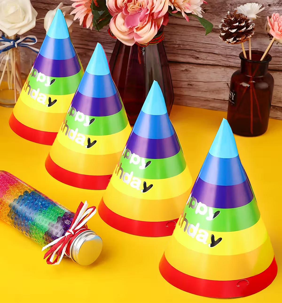 Rainbow Multicolor Party Hats – Pack of 10 (Cone Birthday Caps)