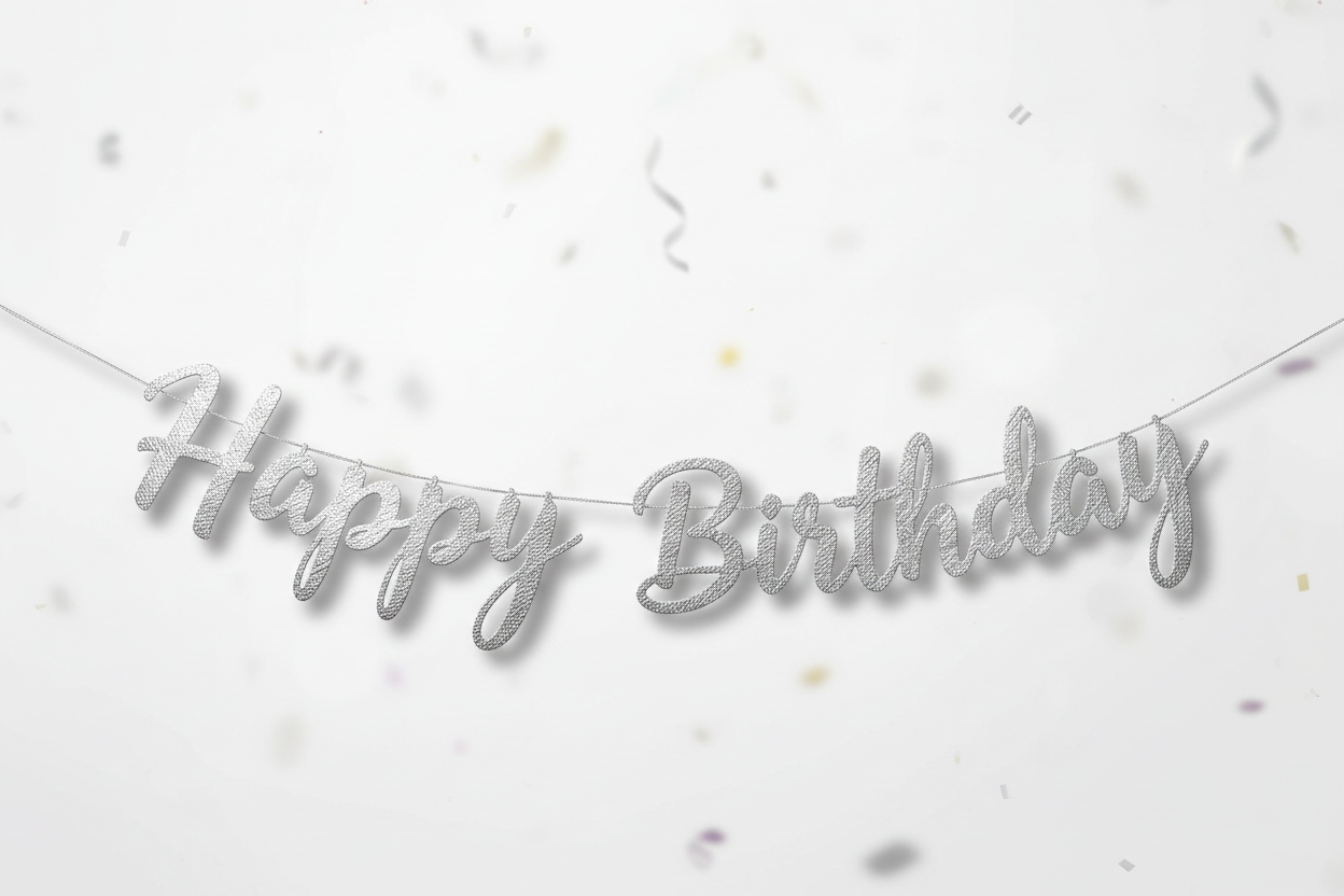 silver cursive happy birthday paper banner