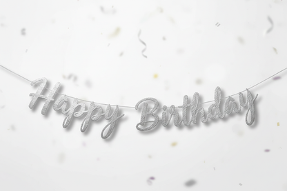 silver cursive happy birthday paper banner